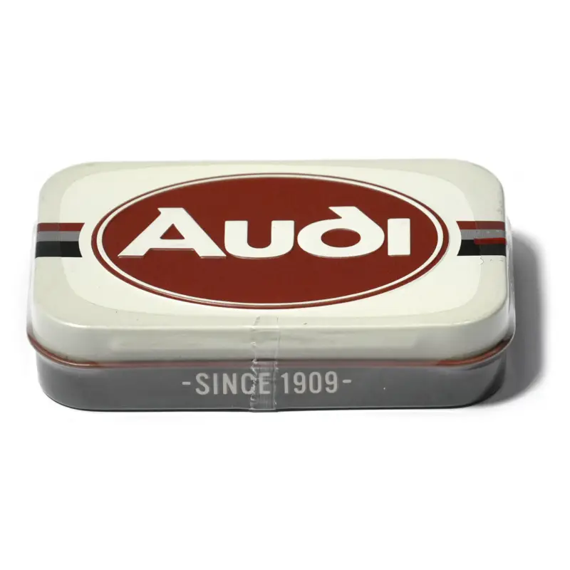 Sonderaktion Audi Pfefferminzdose XL Logo Audi Pflaume Oval Pillendose Stahlblech Dose Nostalgie A8-8026
